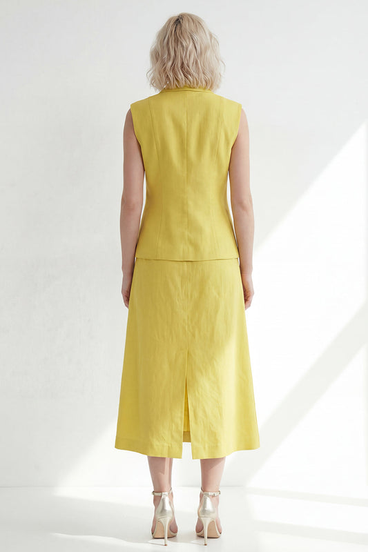 Butter Yellow Notched Lapel One Button Slim Fit Midi Work Dress with Slit