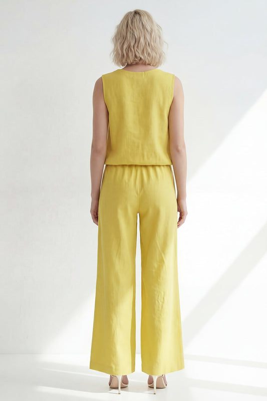 Butter Yellow V-Neck Slim Fit Long Women Suit with Belt