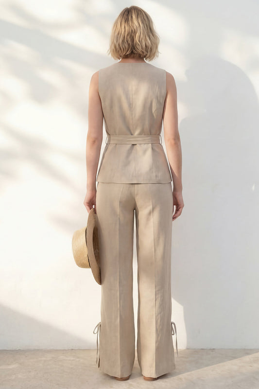 Costume Femme Kaki Col en V Ajusté avec Ceinture