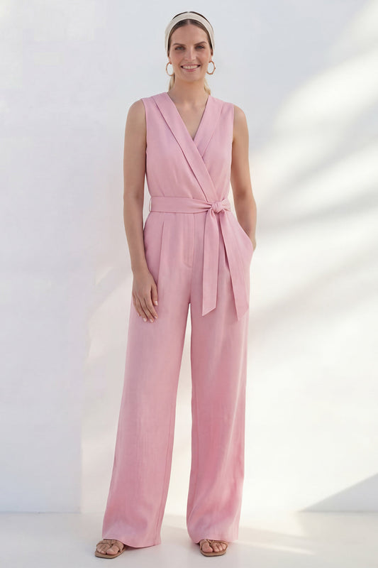 Costume rose à col en V pour femme, avec ceinture et coupe ajustée