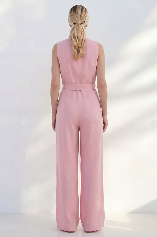 Costume rose à col en V pour femme, avec ceinture et coupe ajustée