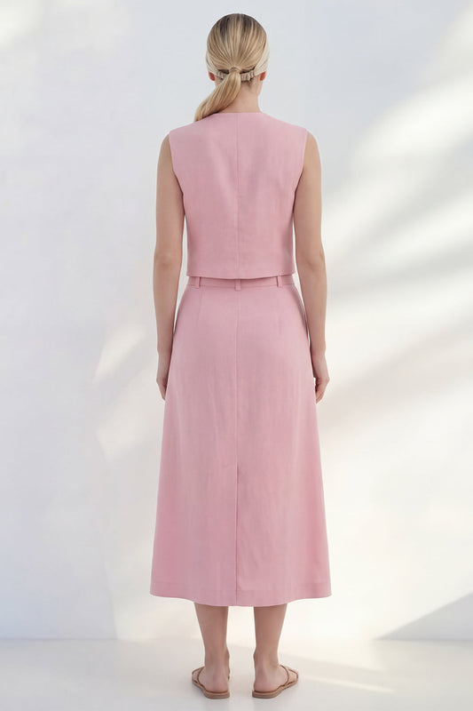 Robe de travail midi rose à double boutonnage, col en V et fente