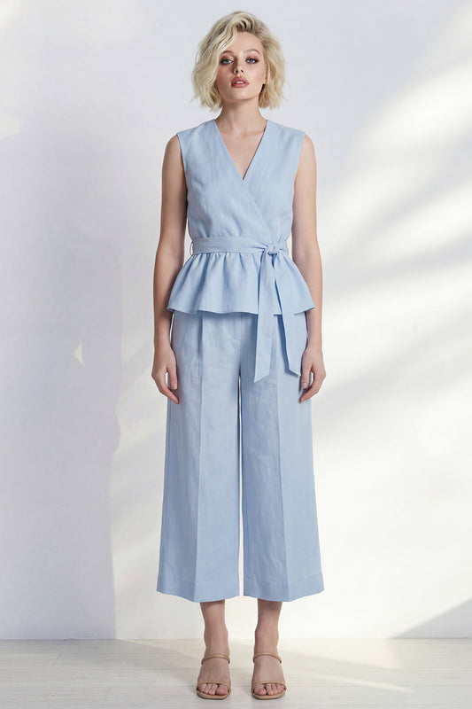 Tailleur midi bleu clair à volants et col en V pour femme avec ceinture