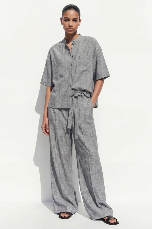 Ensemble de costume pour femme, gris, à col rond, simple boutonnage, long, avec ceinture