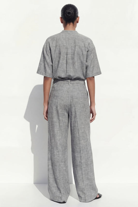 Ensemble de costume pour femme, gris, à col rond, simple boutonnage, long, avec ceinture