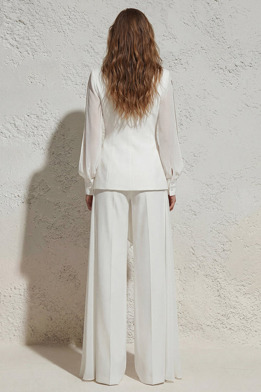 White Notched Lapel Ruched Slim Fit Long Women's Suit with Bow