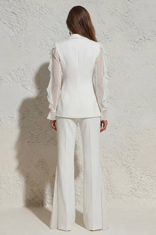 White Notched Lapel Ruffled Slim Fit Long Tulle Women's Suit