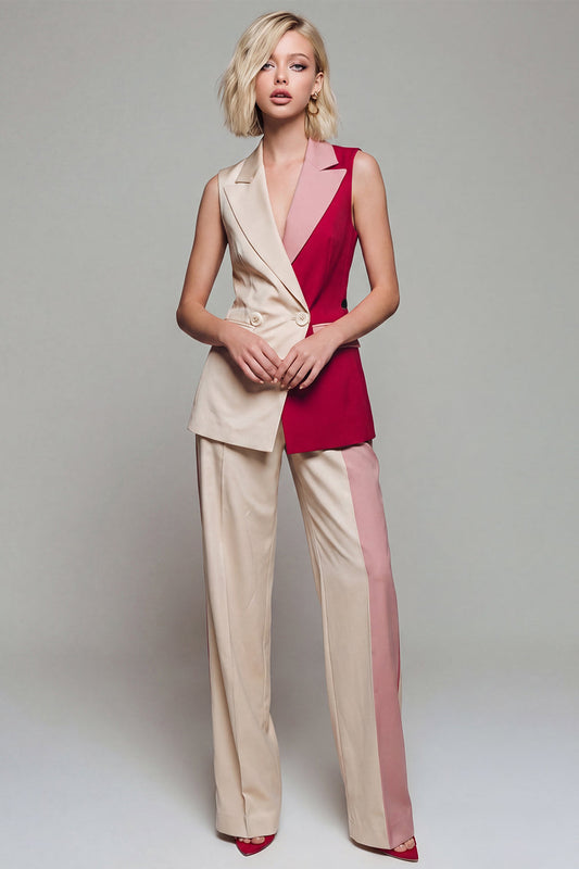 Notched Lapel Colorblock Light Khaki 2 Piece Women's Suit