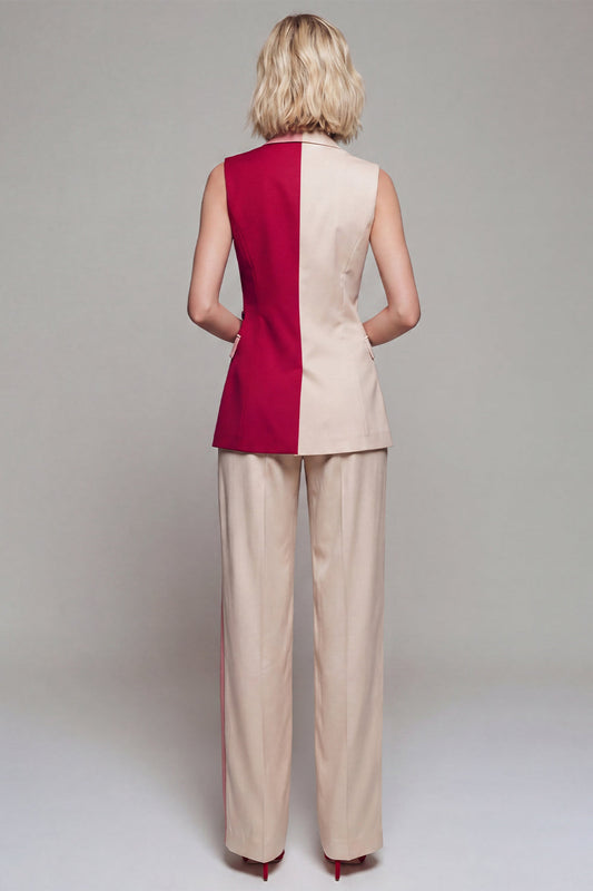 Notched Lapel Colorblock Light Khaki 2 Piece Women's Suit