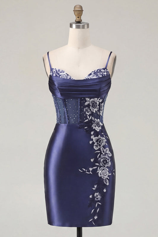 Navy Corset Satin Bodycon Embroidered Short Prom Dress