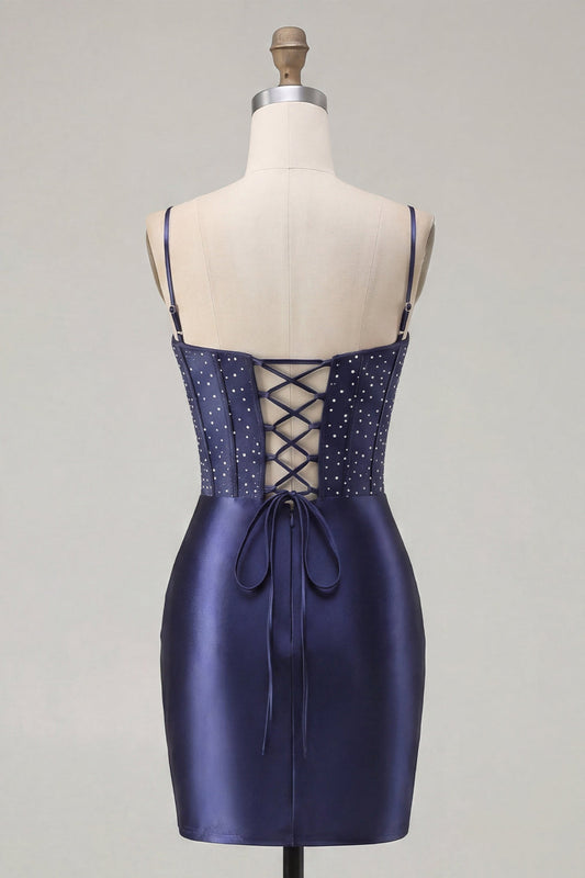 Navy Corset Satin Bodycon Embroidered Short Prom Dress