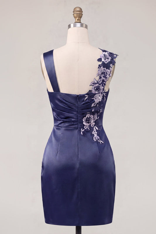 Navy Satin Ruched Embroidered Bodycon Short Prom Dress