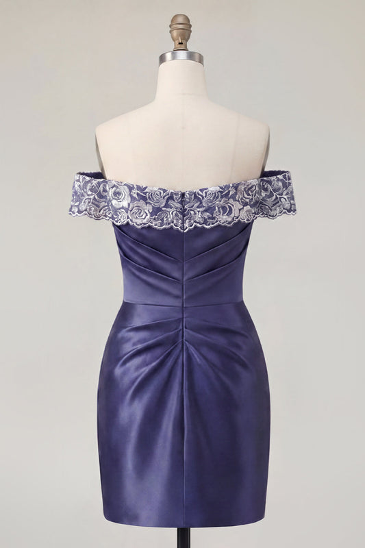 Off-the-Shoulder Navy Embroidered Satin Ruched Bodycon Short Prom Dress