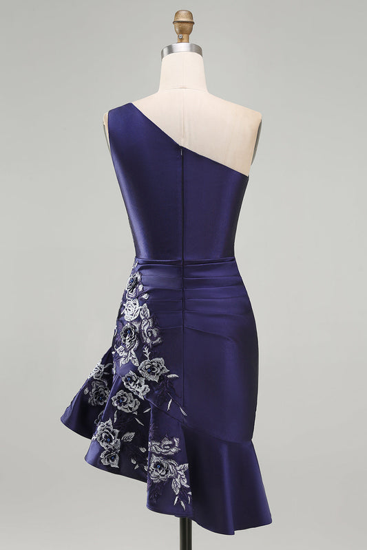 One Shoulder Navy Satin Asymmetrical Ruched Bodycon Mini Cocktail Dress