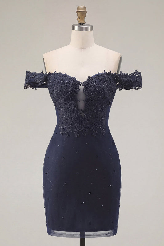 Navy Off-the-Shoulder Beaded Bodycon Short Prom Dress