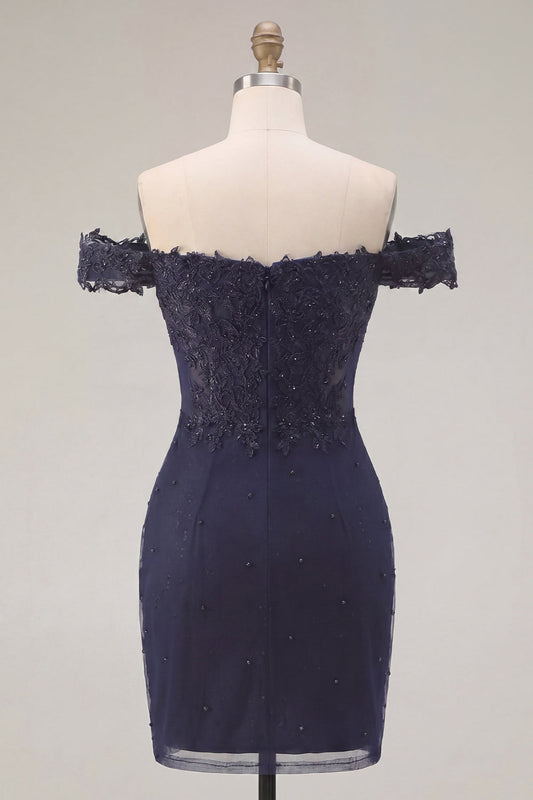 Navy Off-the-Shoulder Beaded Bodycon Short Prom Dress