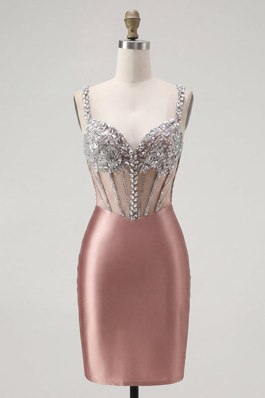 Robe mini de cocktail en satin blush près du corps avec corset transparent et strass