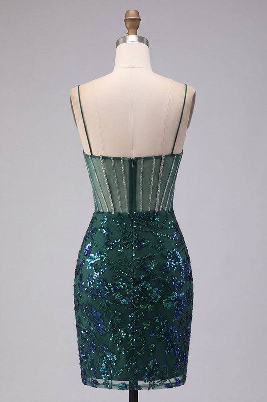 Robe courte de bal moulante corset pailletée vert foncé à motifs floraux