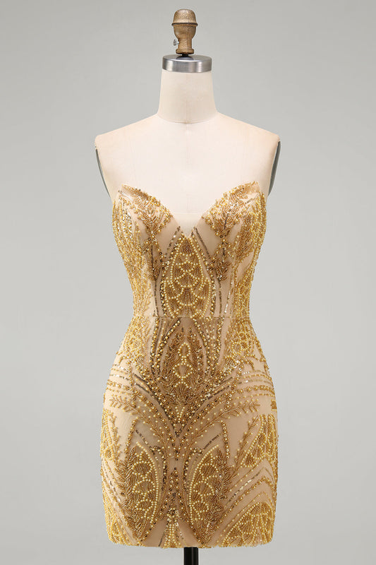 Sparkly Golden Bodycon Sweetheart Sequin Mini Cocktail Dress
