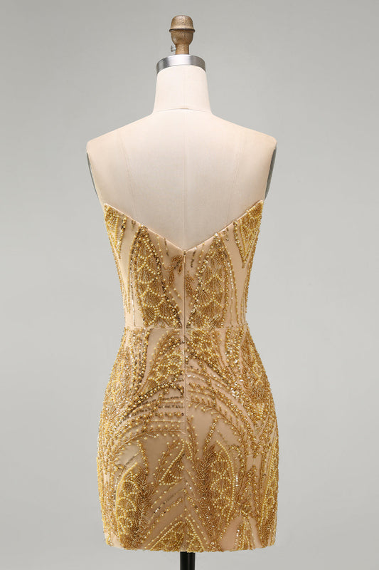 Sparkly Golden Bodycon Sweetheart Sequin Mini Cocktail Dress