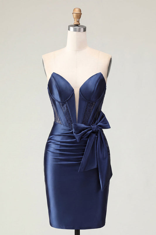 Satin Sweetheart Navy Bodycon Corset Ruched Short Prom Dress with Bow