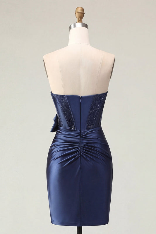 Satin Sweetheart Navy Bodycon Corset Ruched Short Prom Dress with Bow