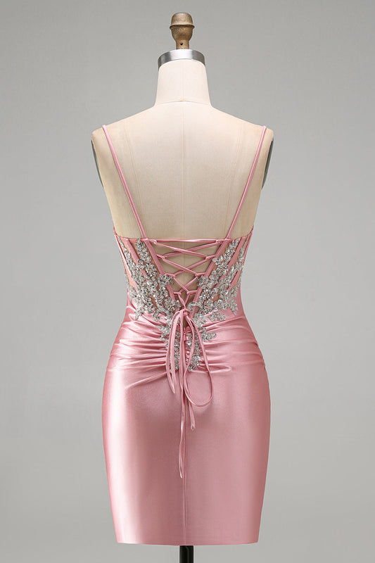 Robe Courte de Bal Moulante avec Corset et Fronces en Satin Blush avec Strass