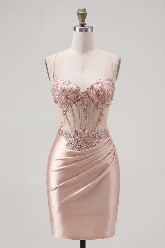 Champagne Bodycon Corset Ruched Beaded Short Prom Dress