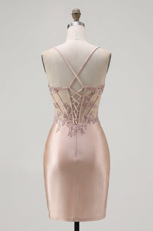 Champagne Bodycon Corset Ruched Beaded Short Prom Dress