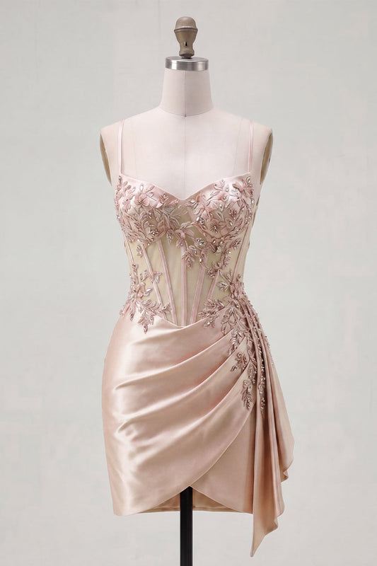 Champagne Bodycon Corset Ruched Beaded Short Prom Dress with Sash