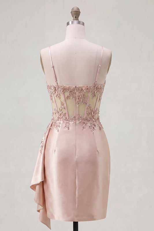 Champagne Bodycon Corset Ruched Beaded Short Prom Dress with Sash