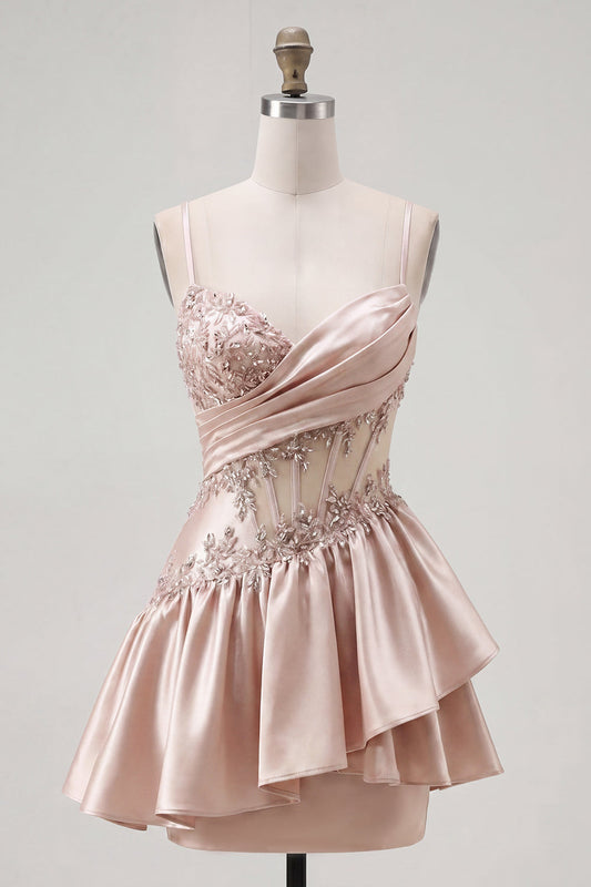 Champagne A-Line Corset Ruched Short Prom Dress with Beading