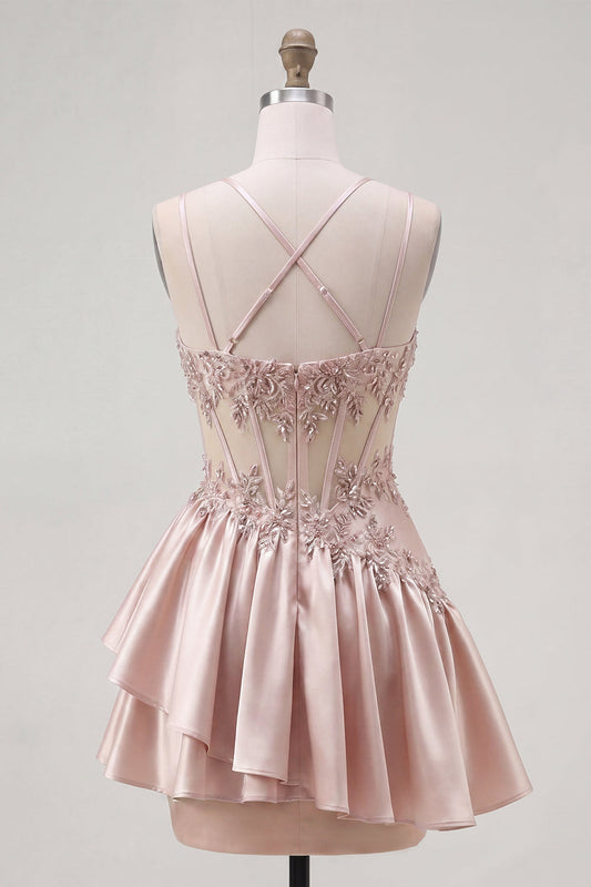 Champagne A-Line Corset Ruched Short Prom Dress with Beading