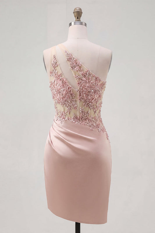 Champagne One Shoulder Bodycon Sheer Corset Ruched Mini Cocktail Party Dress with Beading