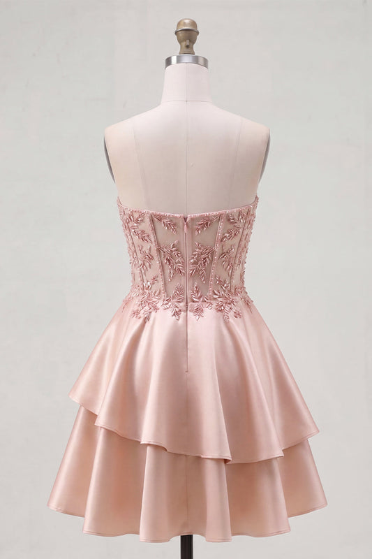 A-Line Champagne Sweetheart Sheer Corset Ruffled Short Prom Dress with Beading