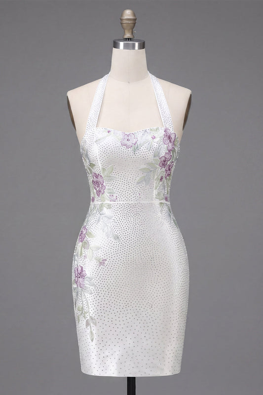White Halter Neck Bodycon Floral Short Prom Dress with Beading