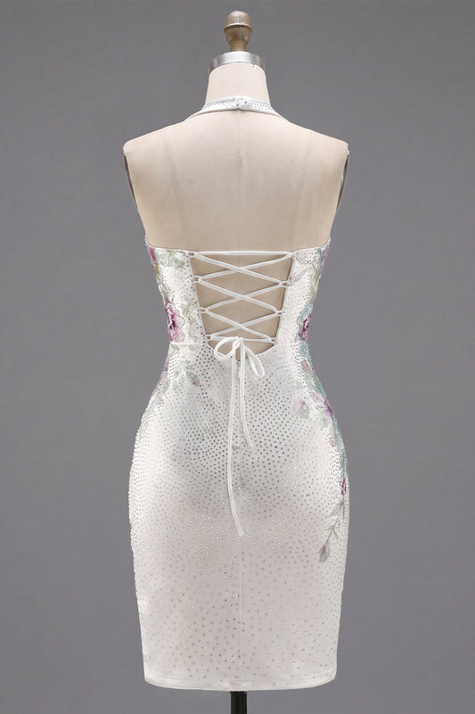 White Halter Neck Bodycon Floral Short Prom Dress with Beading
