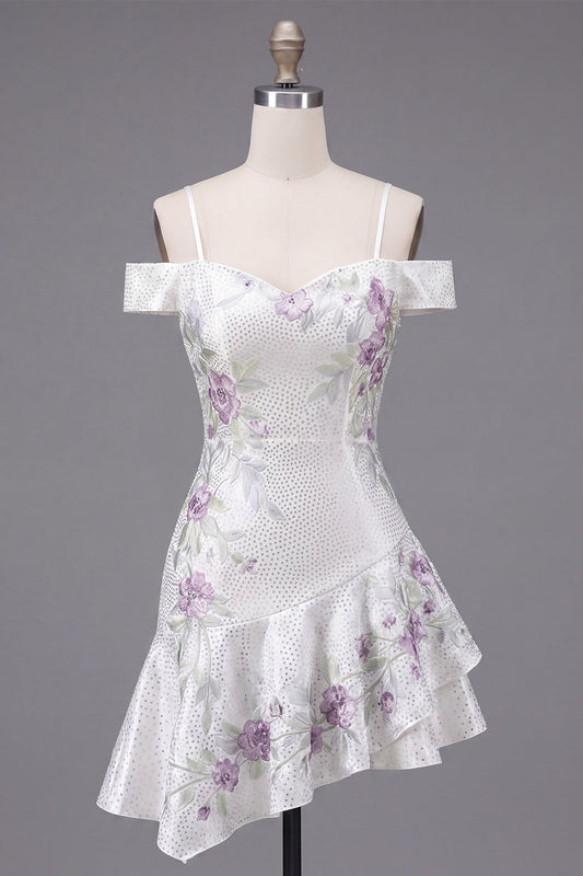 Cold Shoulder A-Line White Floral Short Prom Dress with Beading