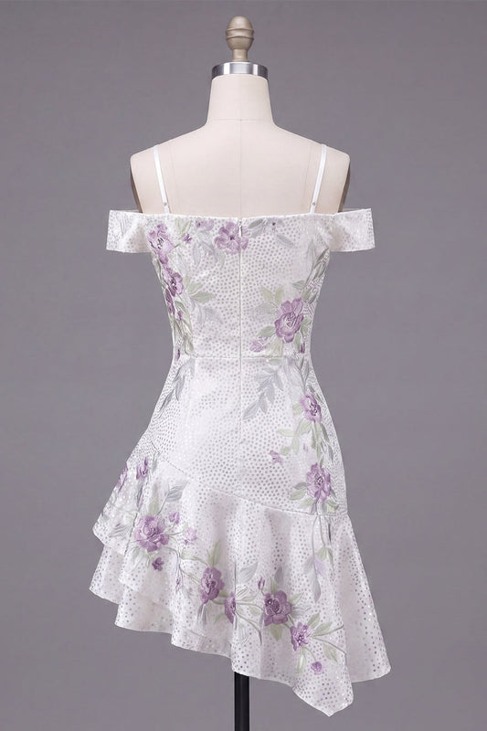 Cold Shoulder A-Line White Floral Short Prom Dress with Beading