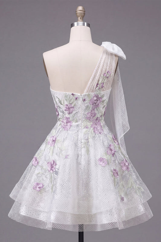 One Shoulder A-Line White Floral Beaded Short Prom Dress with Bow