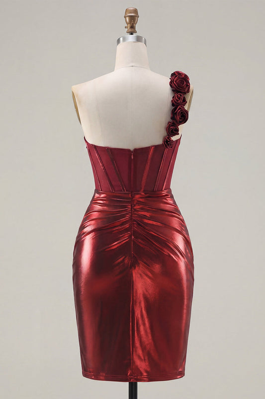 Metallic Burgundy One-Shoulder Floral Corset Bodycon Ruched Short Prom Dress