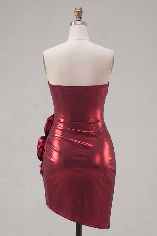 Metallic Burgundy Strapless Bodycon Ruched Short Prom Dress with 3D Flowers
