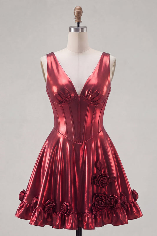 Metallic Burgundy A-Line V-Neck Corset Short Prom Dress with 3D Flowers
