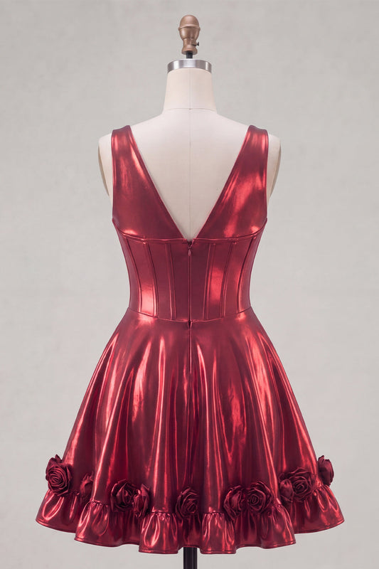 Metallic Burgundy A-Line V-Neck Corset Short Prom Dress with 3D Flowers