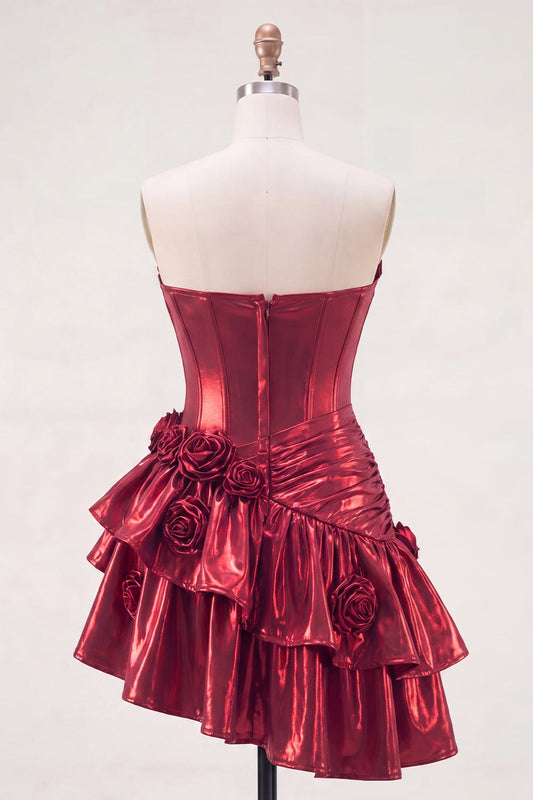 Metallic Burgundy A-Line Off-the-Shoulder Corset Short Prom Dress with 3D Flowers