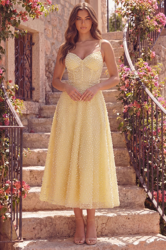 Yellow A-Line Corset Spaghetti Straps Midi Prom Dress with Pearls