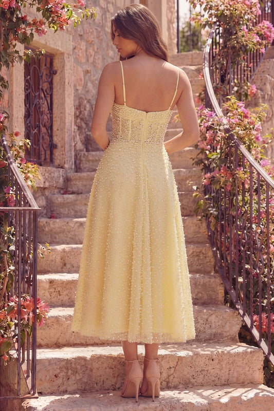 Yellow A-Line Corset Spaghetti Straps Midi Prom Dress with Pearls