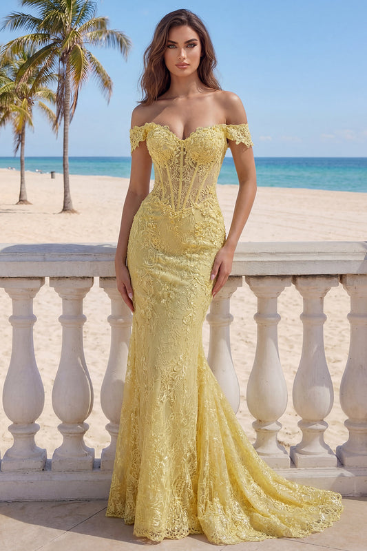 Yellow Lace Mermaid Off the Shoulder Corset Long Prom Dress