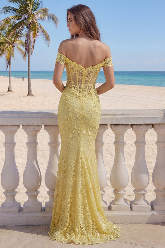 Yellow Lace Mermaid Off the Shoulder Corset Long Prom Dress