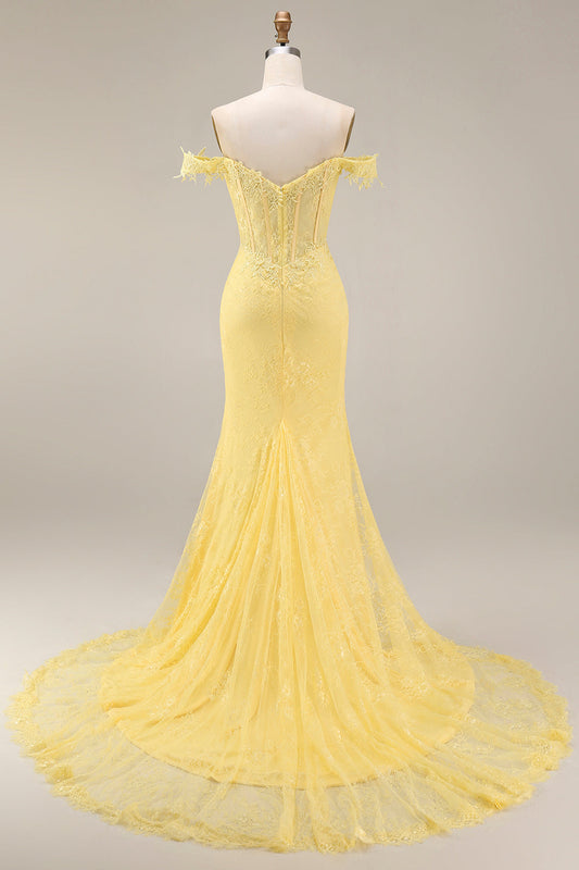 Lace Off the Shoulder Mermaid Corset Yellow Long Prom Dress